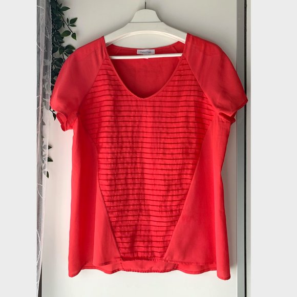 Calvin Klein Short-Sleeve Contrast Sheer Stripe Blouse - Picture 1 of 6